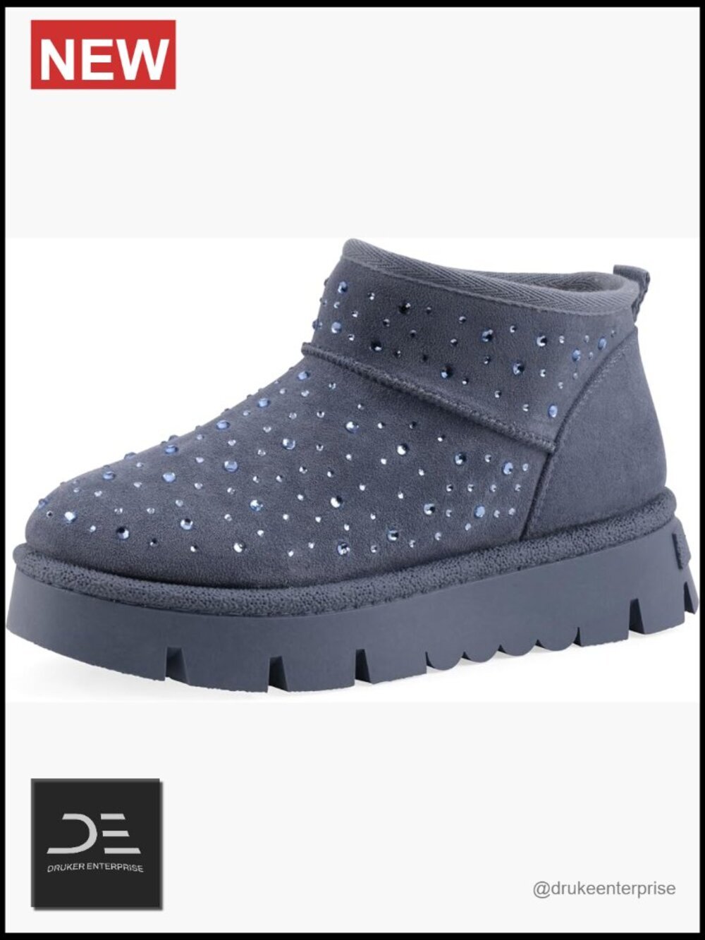 Cushioned Faux Fur Lined Platform Ankle Bootie with Rhinestones